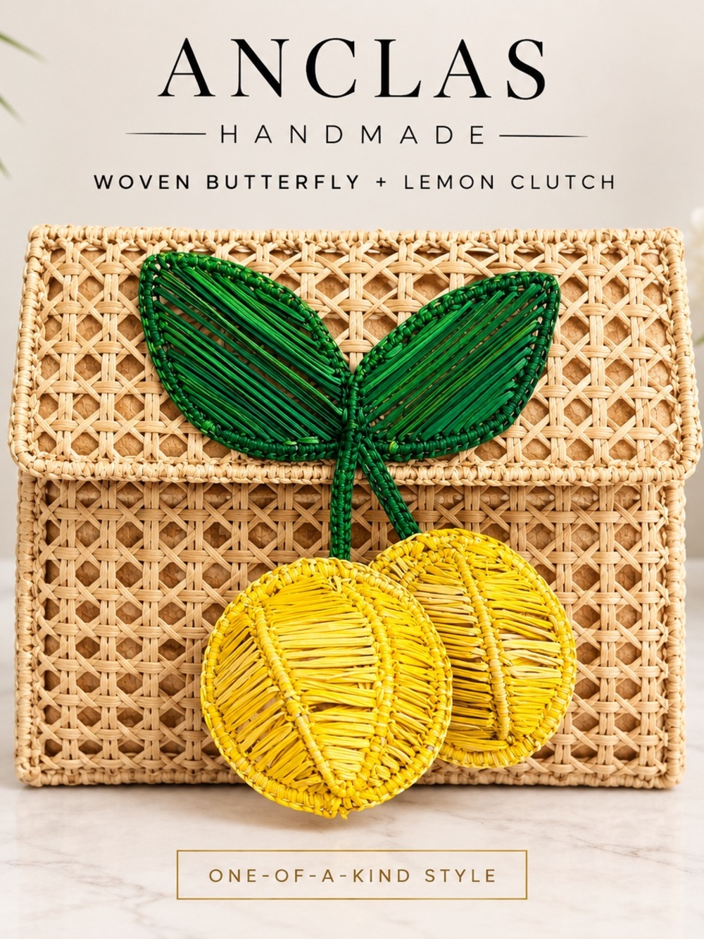 Handmade Woven Lemon Clutch in Natural with Yellow & Green